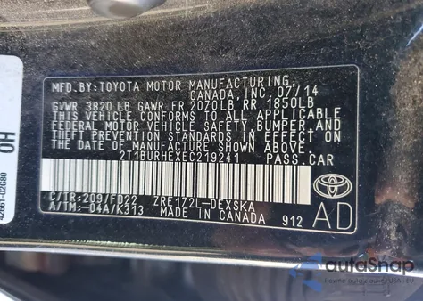 2014 Toyota Corolla L z USA, uszkodzony, nr VIN 2T1BURHEXEC219241